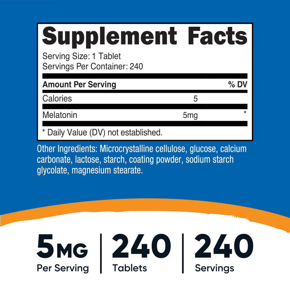 Close-up of Nutricost Melatonin 5mg bottle label