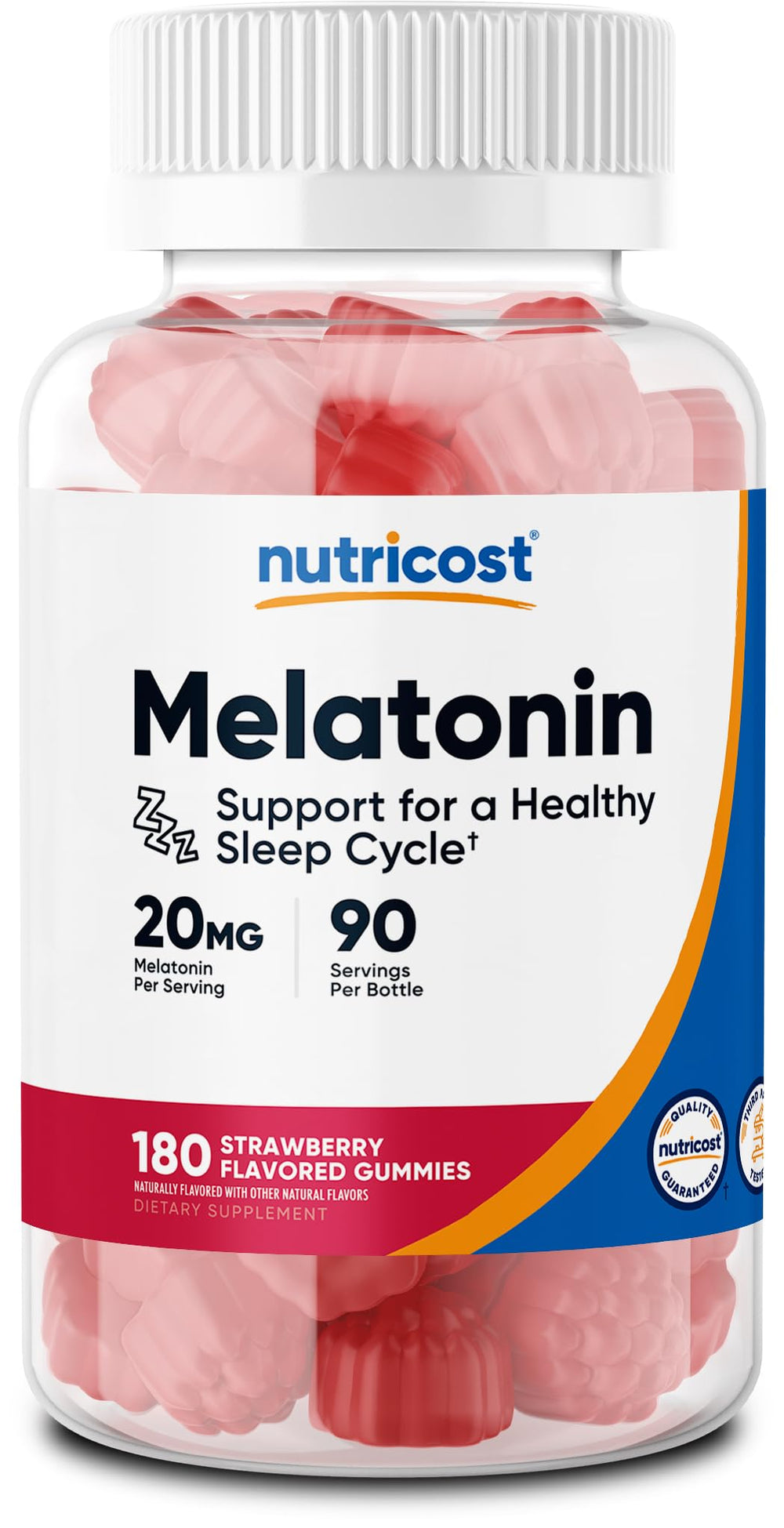 Front view of Nutricost Melatonin Gummies bottle showing 20 mg per serving and gluten-free label