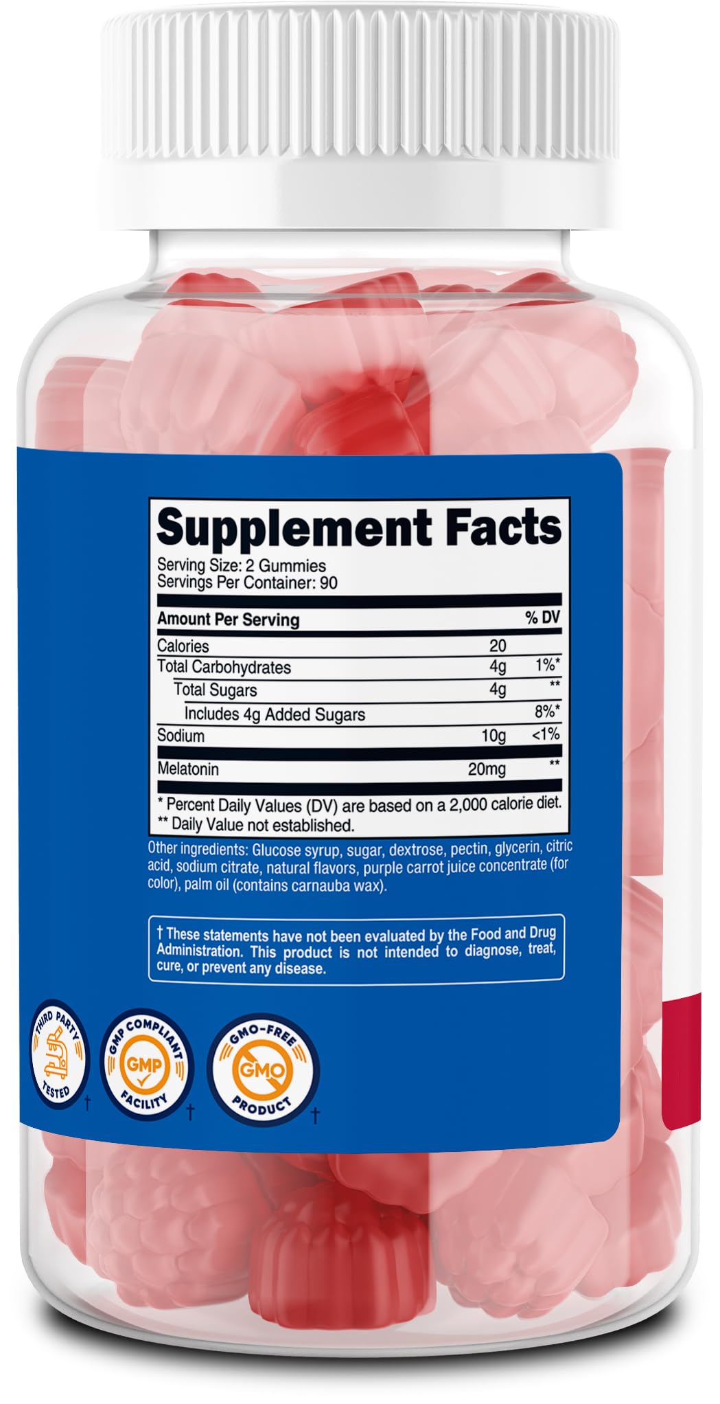 GMP quality and third-party testing insignia with ingredients label