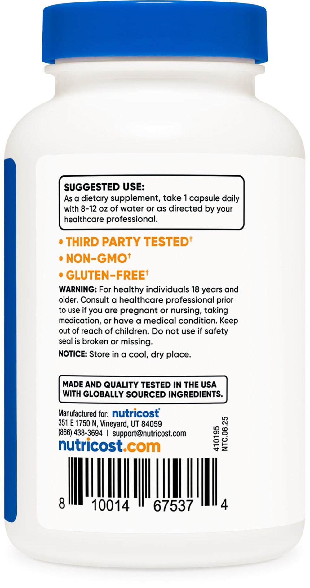 Vegan, Non-GMO and Gluten Free Nutricost Milk Thistle label