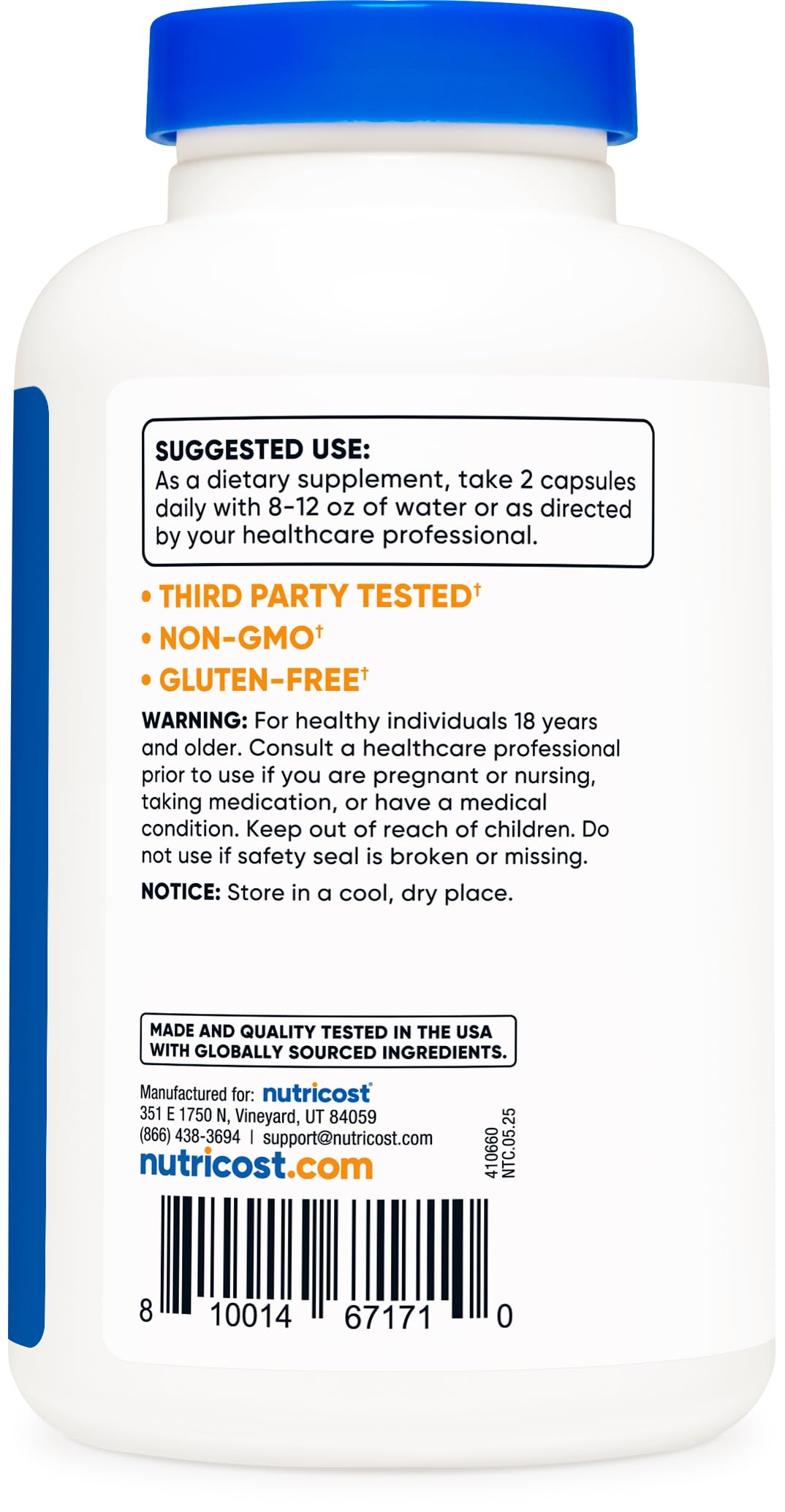 Label showing Vegetarian, Non-GMO, Gluten Free and Soy Free