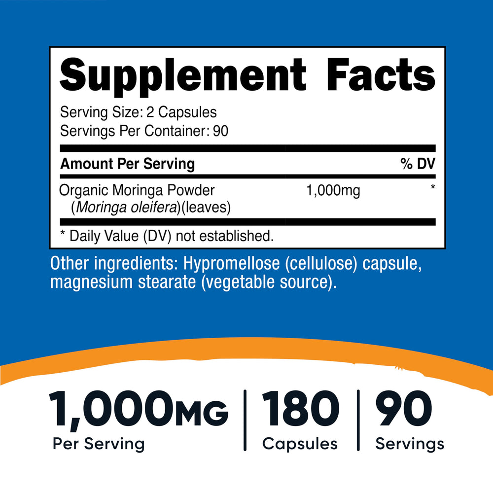 Two 500mg Moringa capsules representing a serving size of two capsules