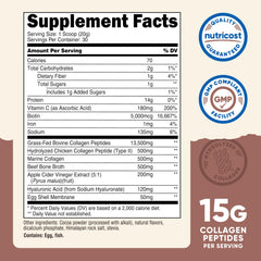 Serving of Nutricost collagen powder next to glass of milk chocolate shake