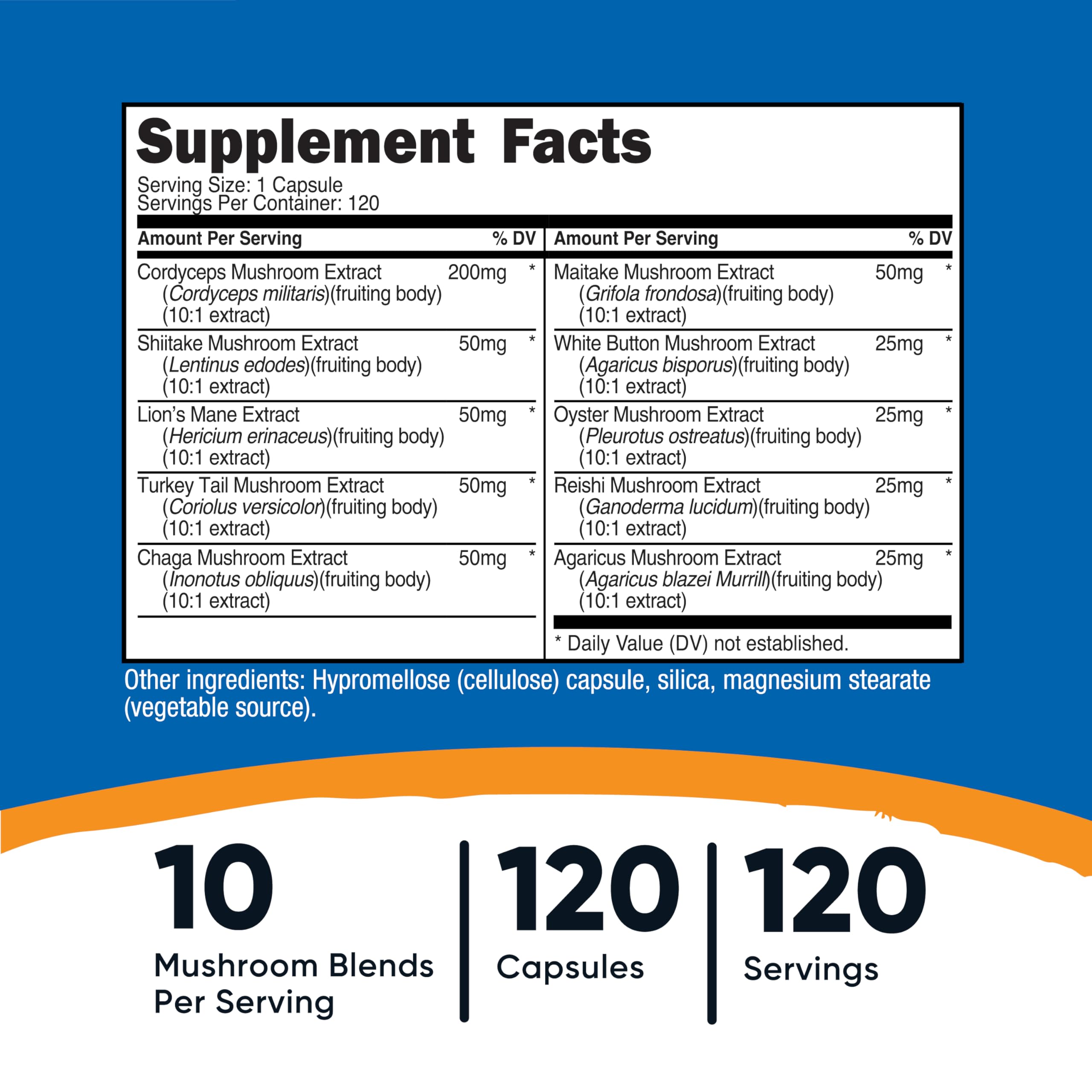 Close-up of 10 mushroom blend ingredients including Reishi and Lion's Mane