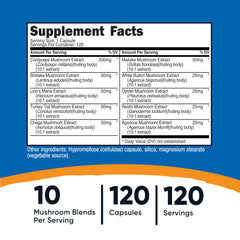 Close-up of 10 mushroom blend ingredients including Reishi and Lion's Mane