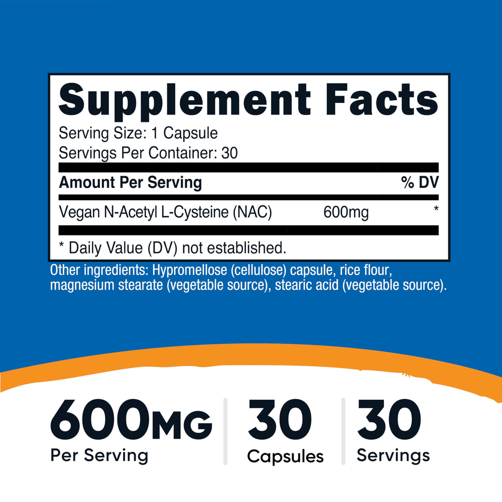 Nutricost NAC 600mg capsules close-up showing gluten-free formula