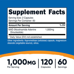 Close-up of NAD+ label showing 1000mg per serving