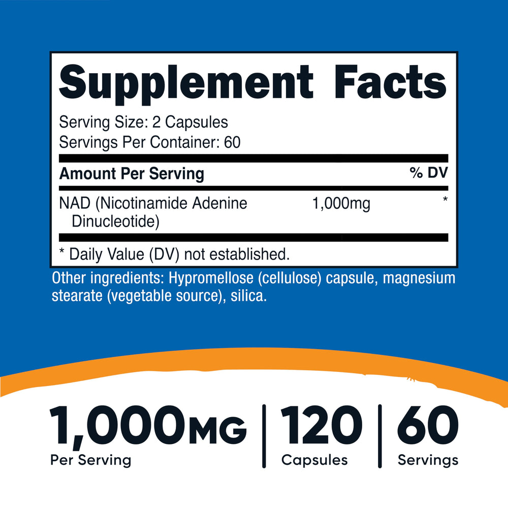Close-up of NAD+ label showing 1000mg per serving
