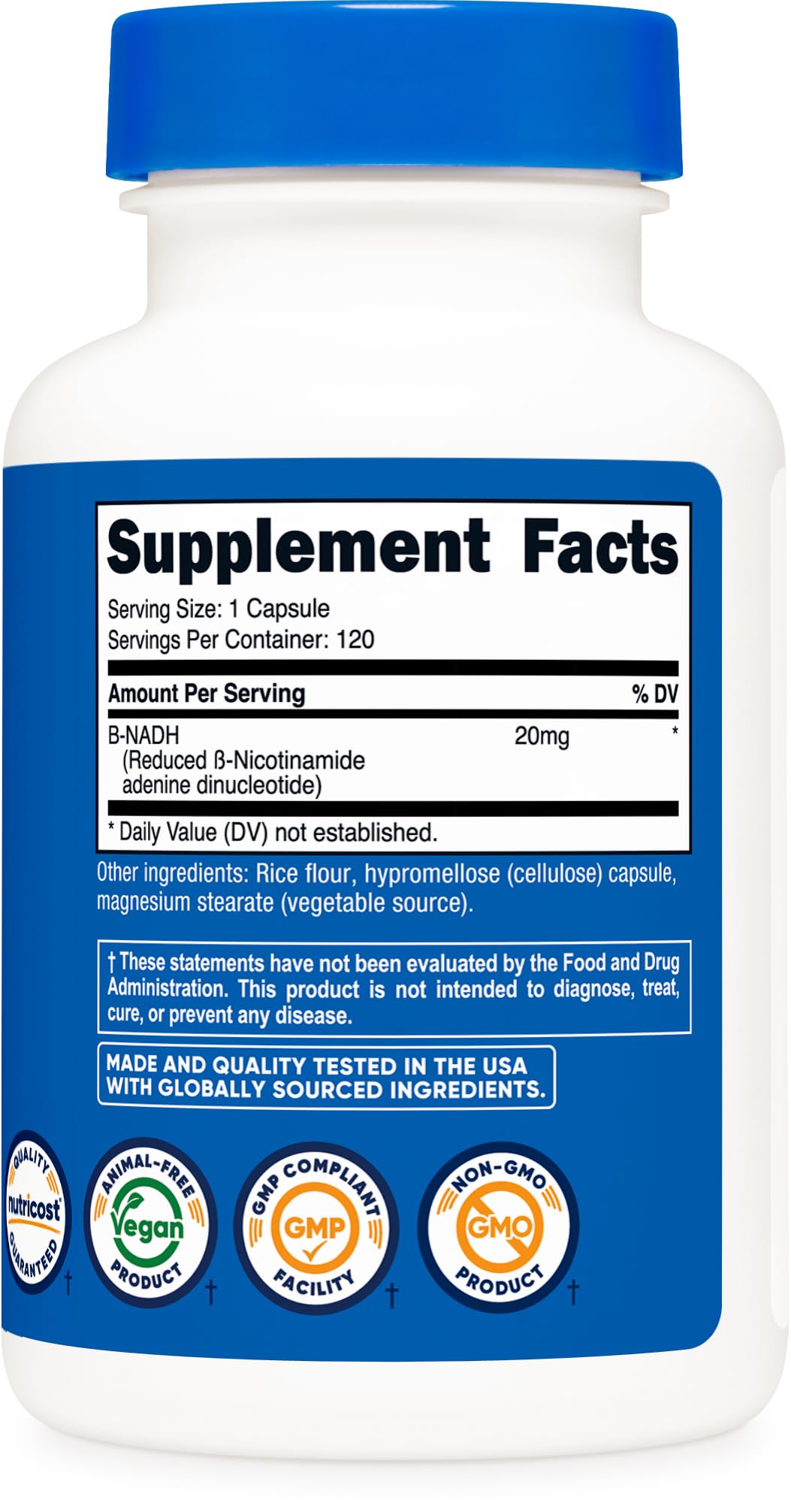 Supplement facts panel showing 20 mg NADH per serving