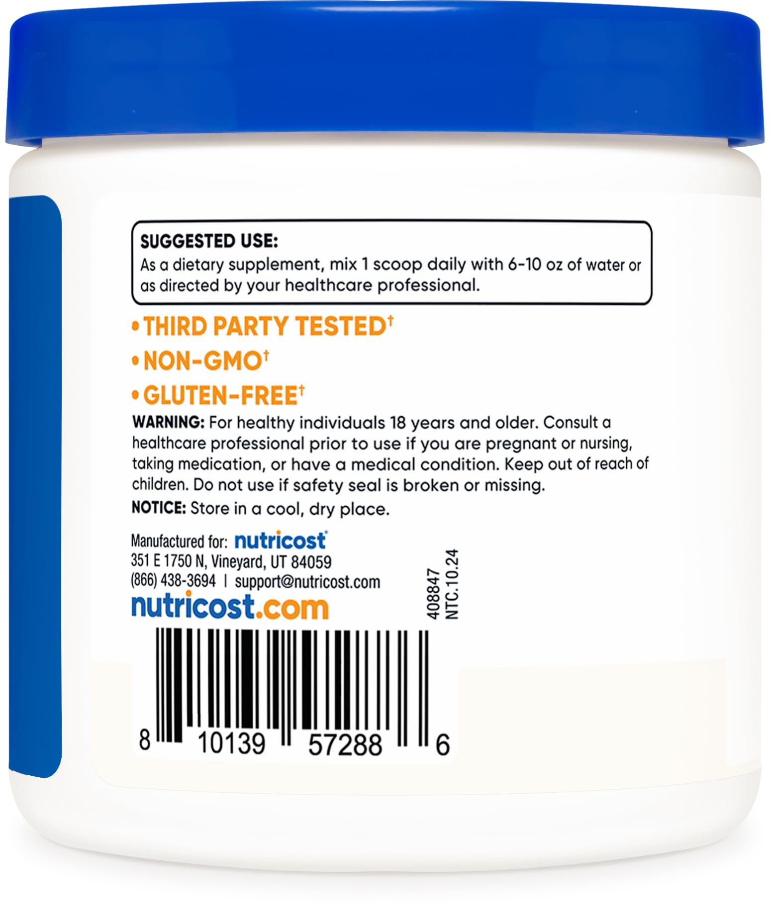 Non-GMO and gluten-free label on Nutricost NALT packaging