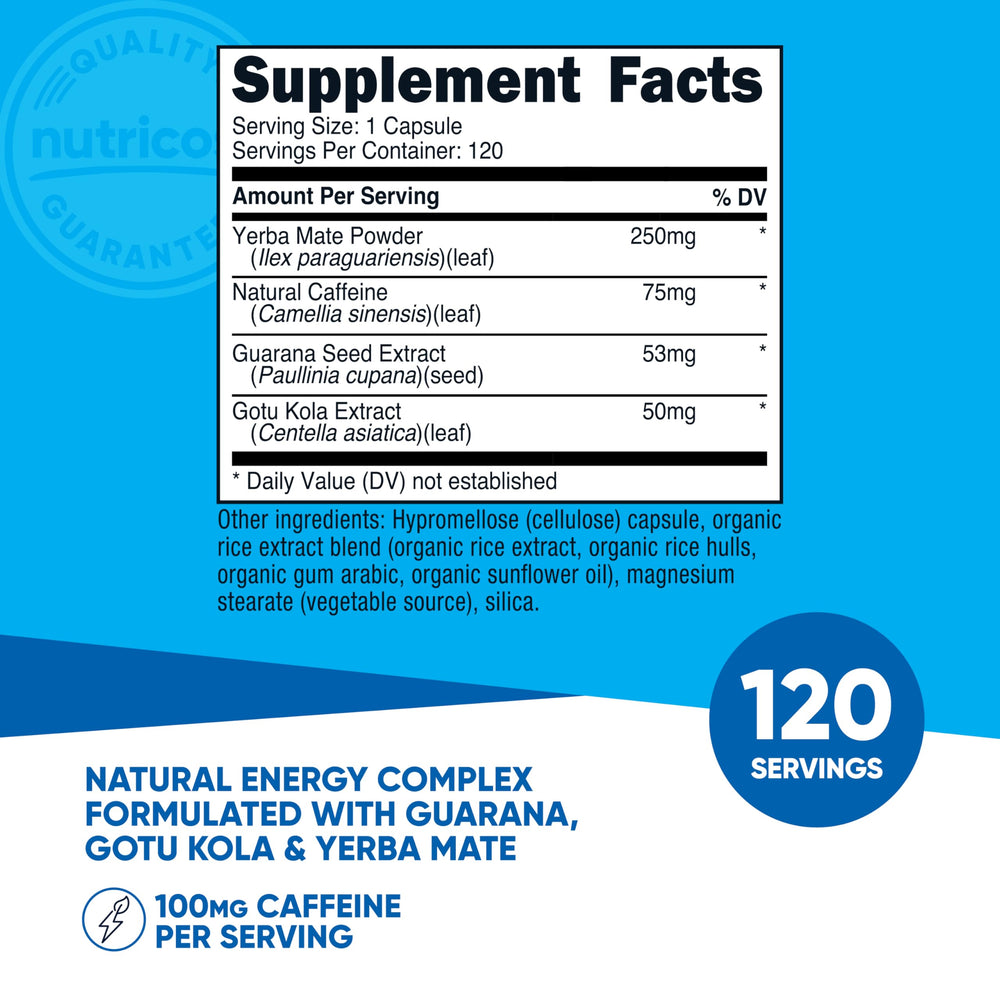Nutricost Natural Energy Pills Complex bottle back highlights gluten-free and non-GMO energy support