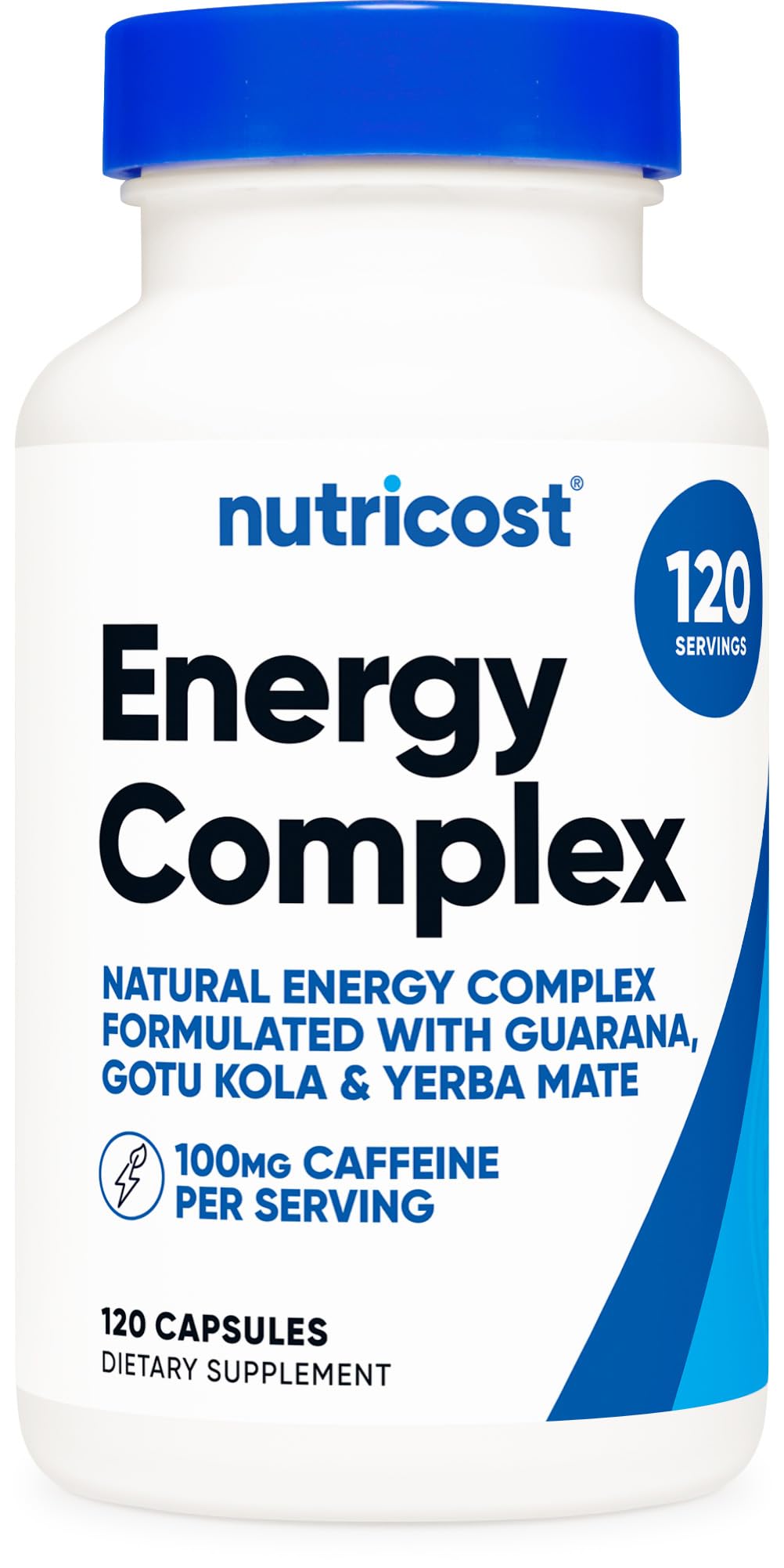 Nutricost Natural Energy Pills Complex bottle front showcases 100mg caffeine per capsule for daytime energy