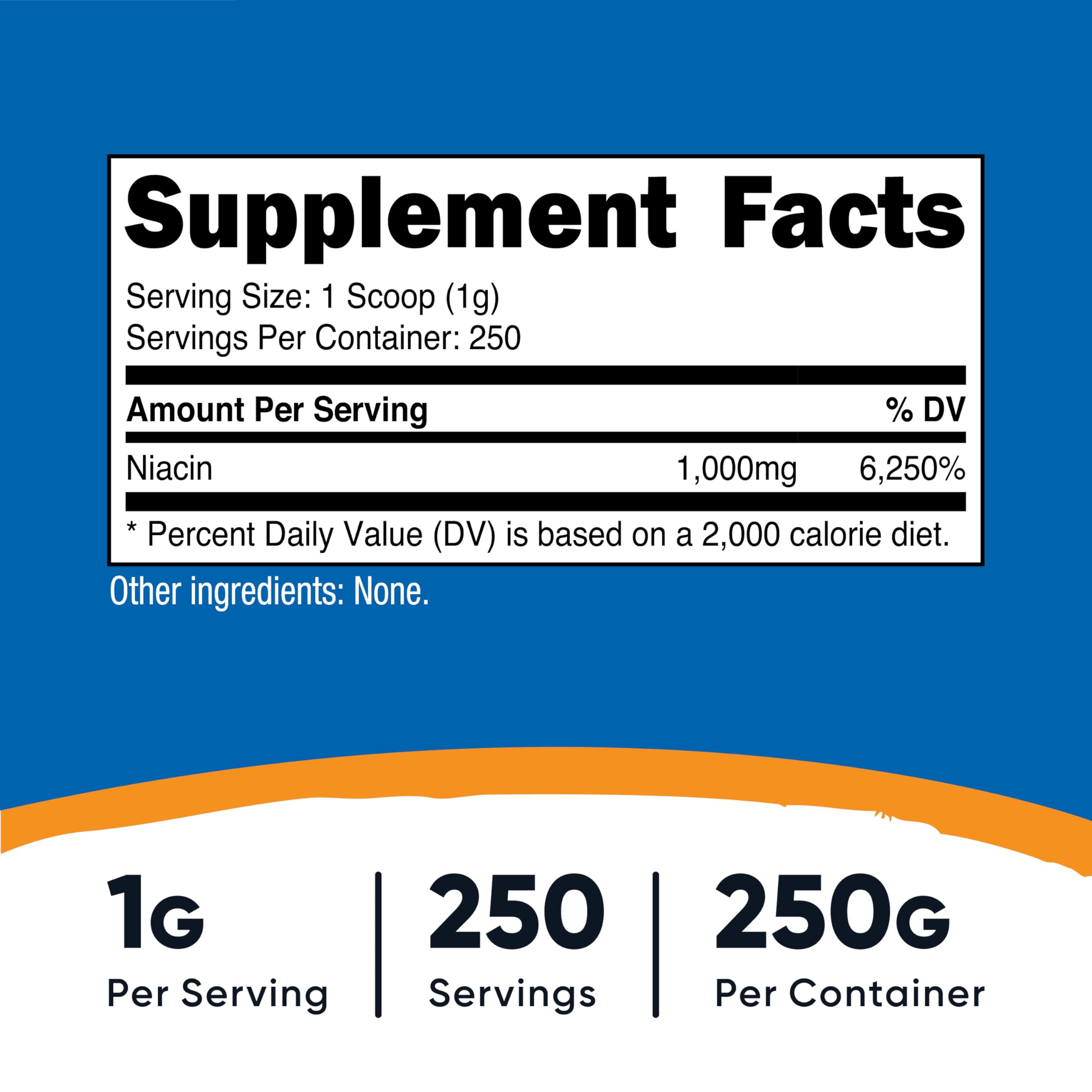 Nutricost Niacin Powder 250g label with nutrition facts