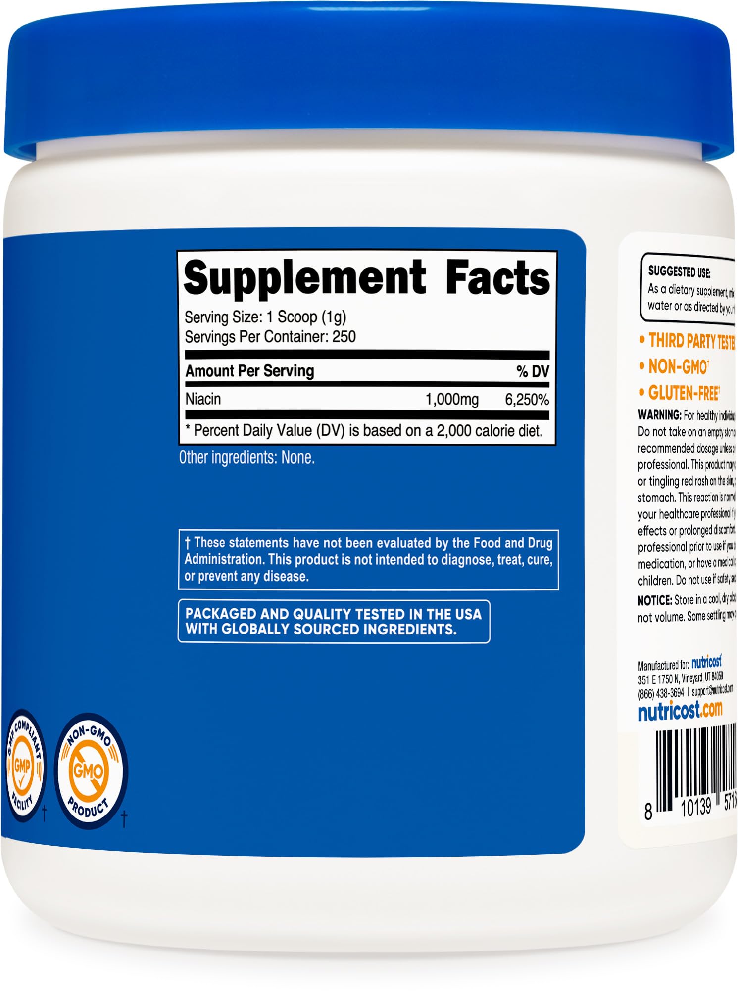 Ingredient and nutrition panel of Nutricost Niacin Powder