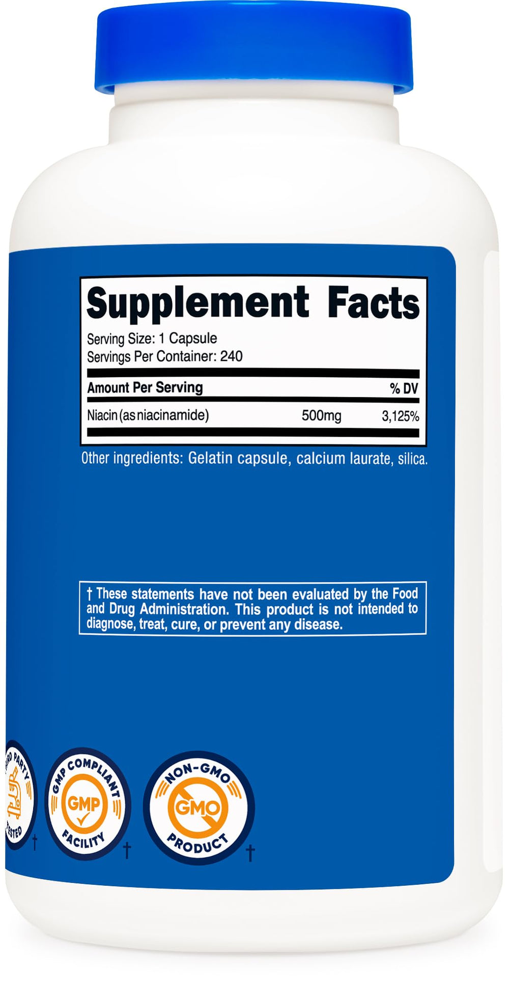 Nutricost Niacinamide 500mg bottle side emphasizes non-GMO and gluten-free features