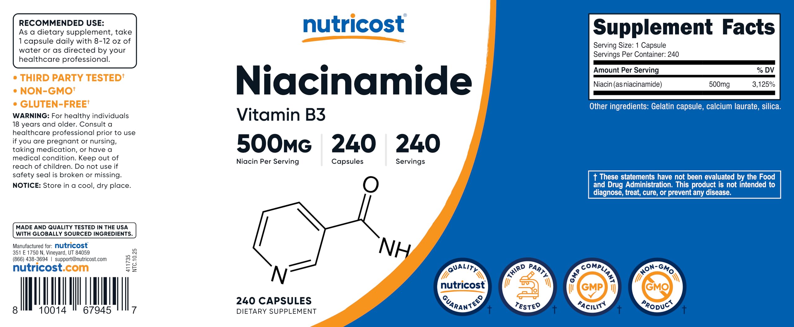 Nutricost Niacinamide 500mg packaging with white or blue lid option