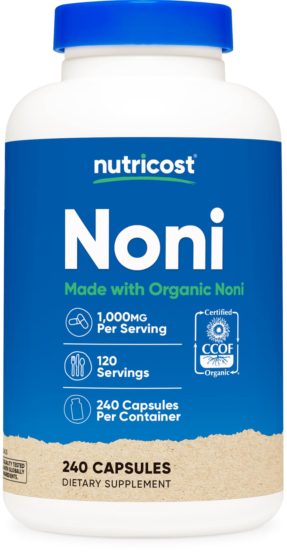 Nutricost Noni Capsules bottle label with 240 capsules