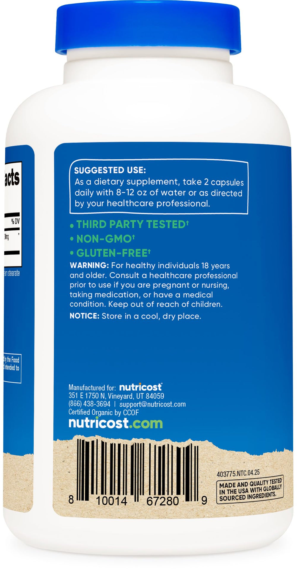 Bottle front with Nutricost Noni Capsules branding