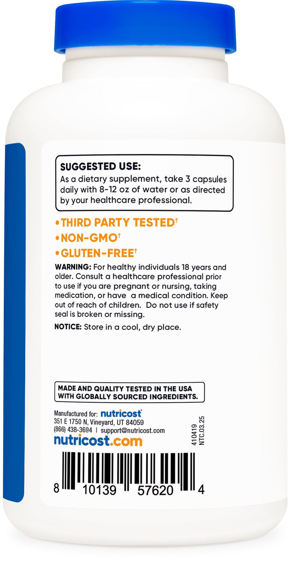 Label showing GMO-free, gluten-free, and vegan certifications on Nutricost Nopal Cactus bottle