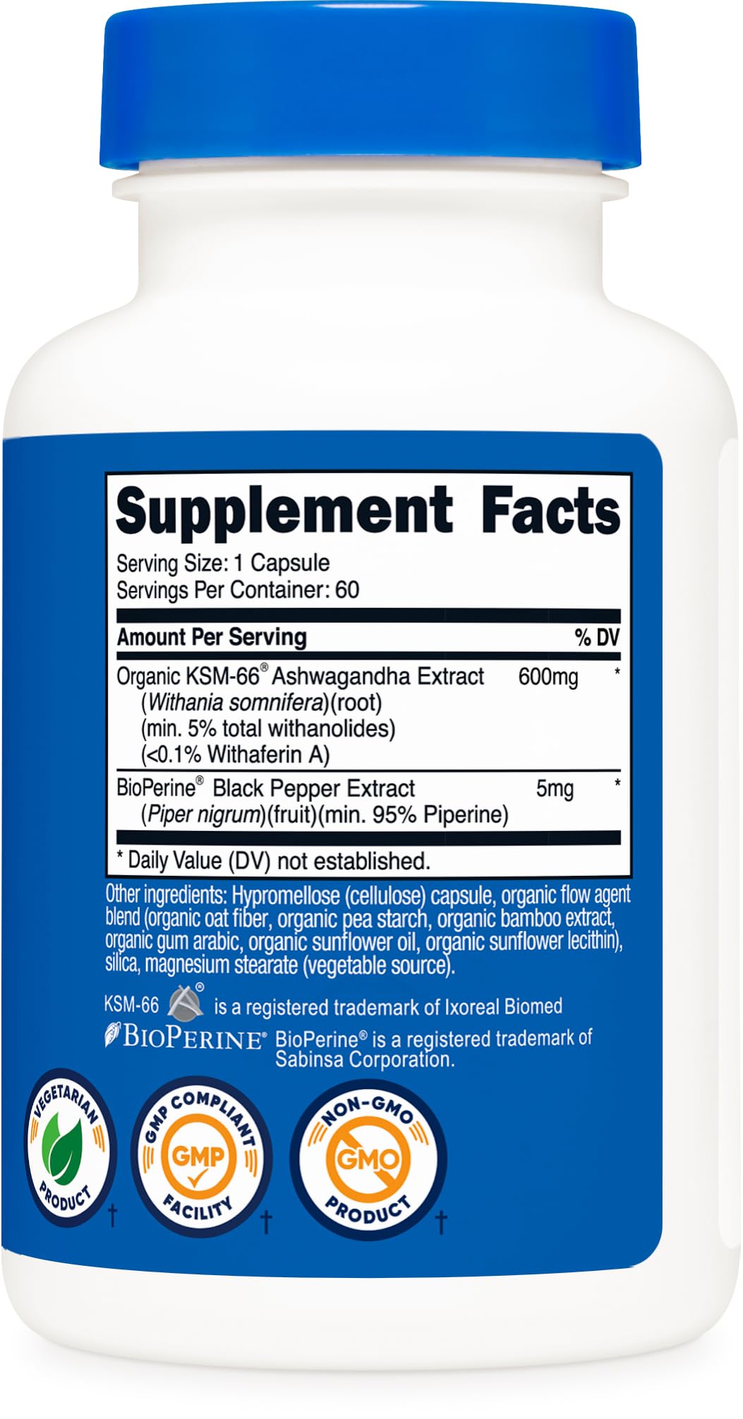 Nutricost packaging indicating non-GMO, gluten-free and NSF GMP facility compliance.