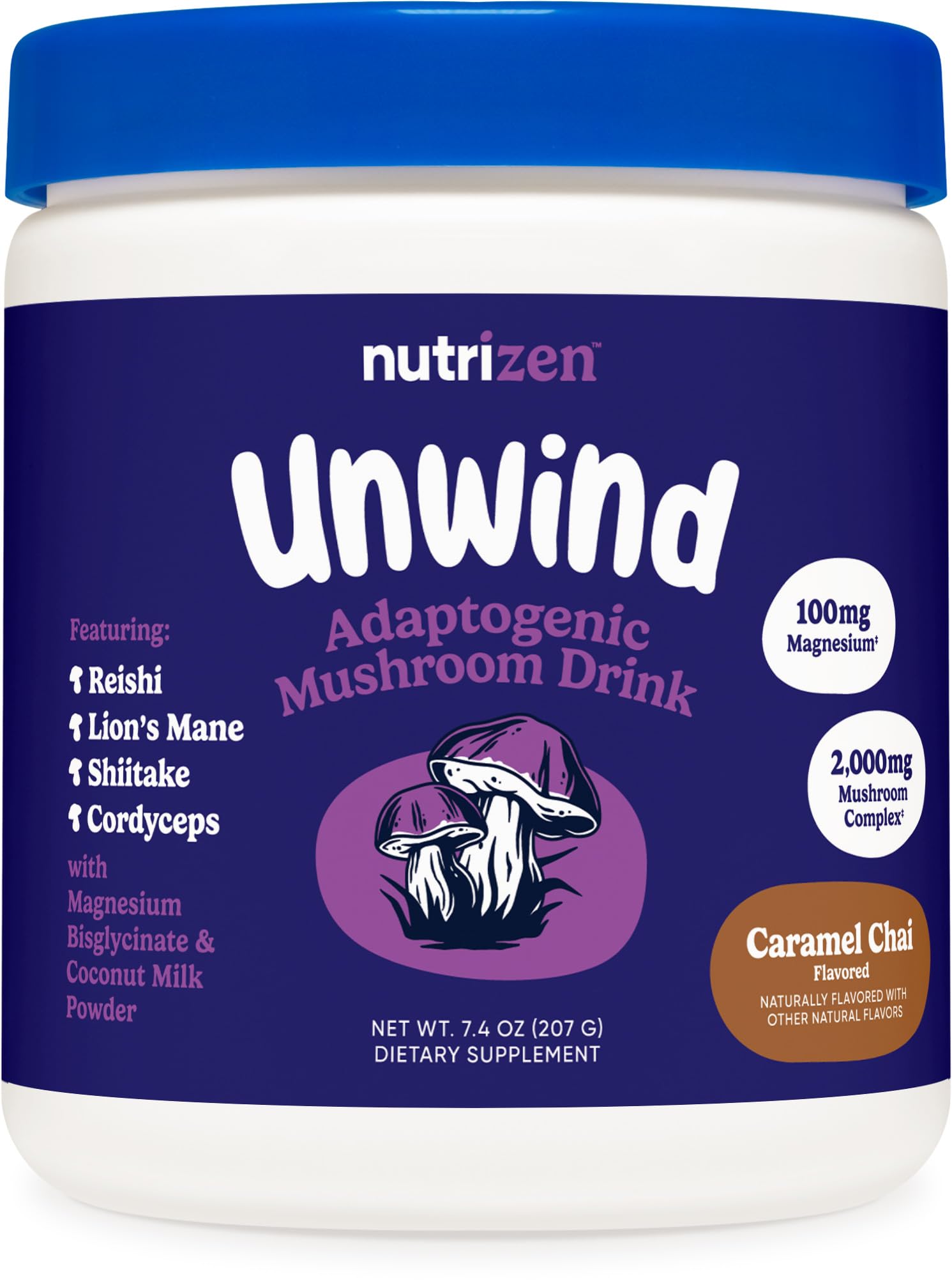 Nutricost Nutrizen PM Unwind Caramel Chai mushroom drink bottle