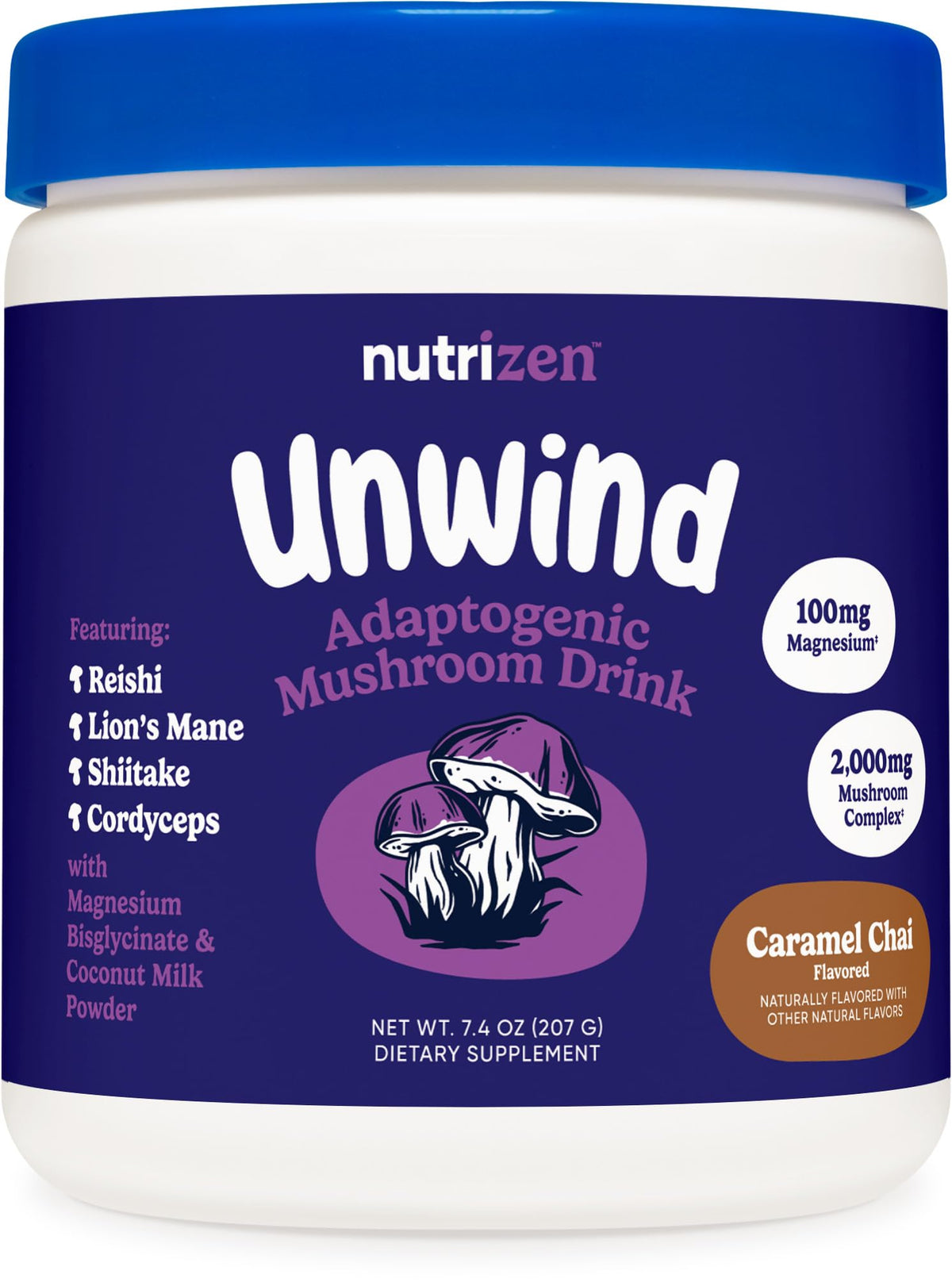 Nutricost Nutrizen PM Unwind Caramel Chai mushroom drink bottle