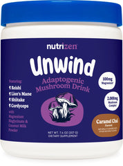 Nutricost Nutrizen PM Unwind Caramel Chai mushroom drink bottle