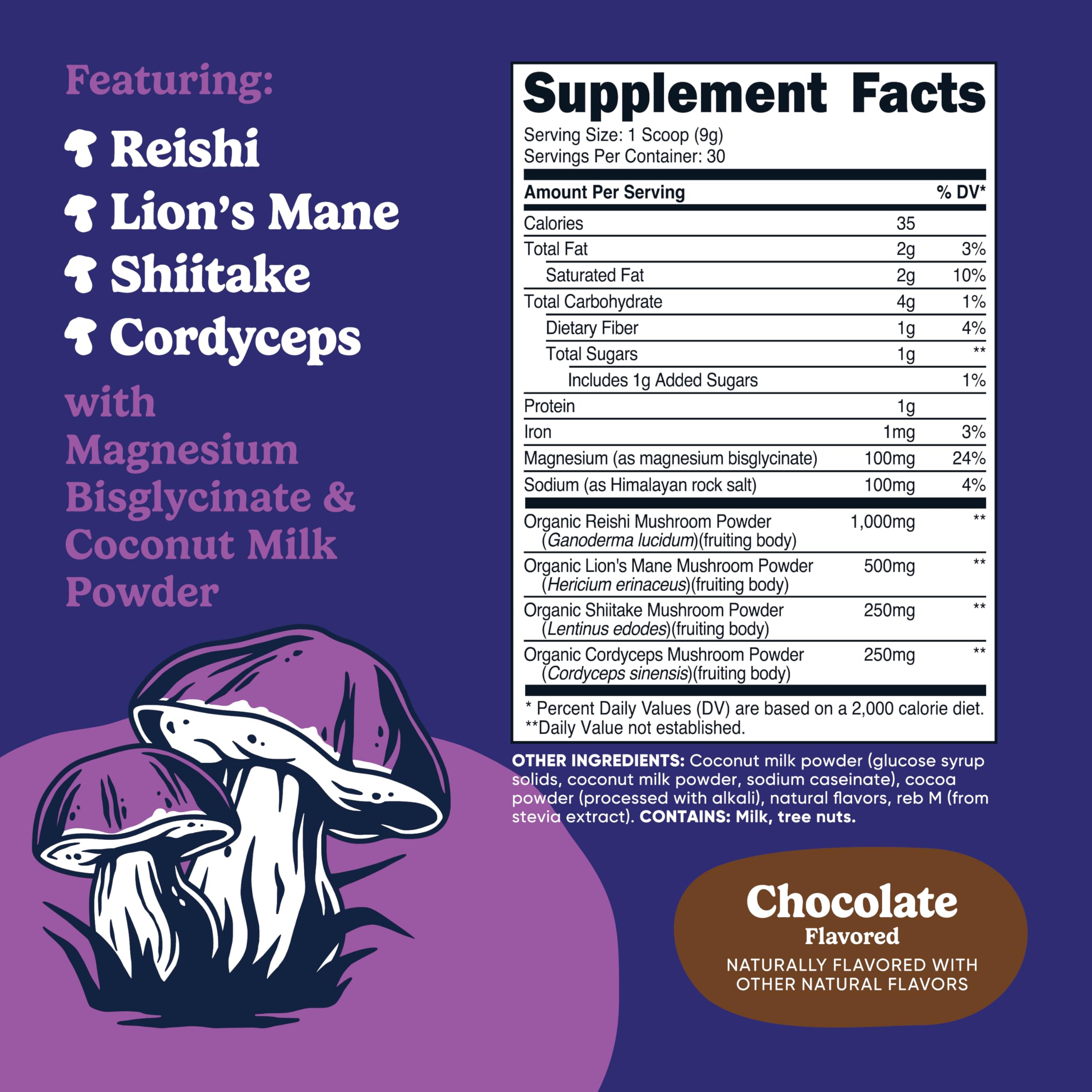 Blend of adaptogenic mushrooms: Reishi, Lion's Mane, Shiitake and Cordyceps