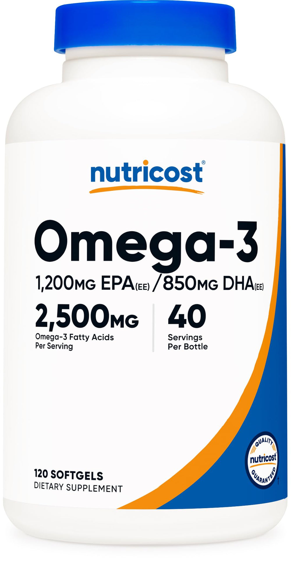 Nutricost Omega-3 Fish Oil bottle highlighting wild-caught source for daily omega-3 intake.
