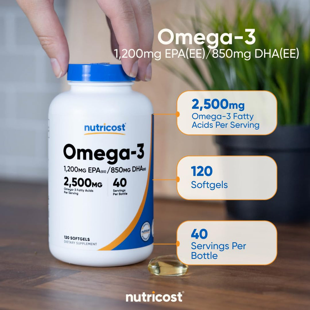 Nutricost Omega-3 info panel lists 1200mg EPA / 850mg DHA per serving.