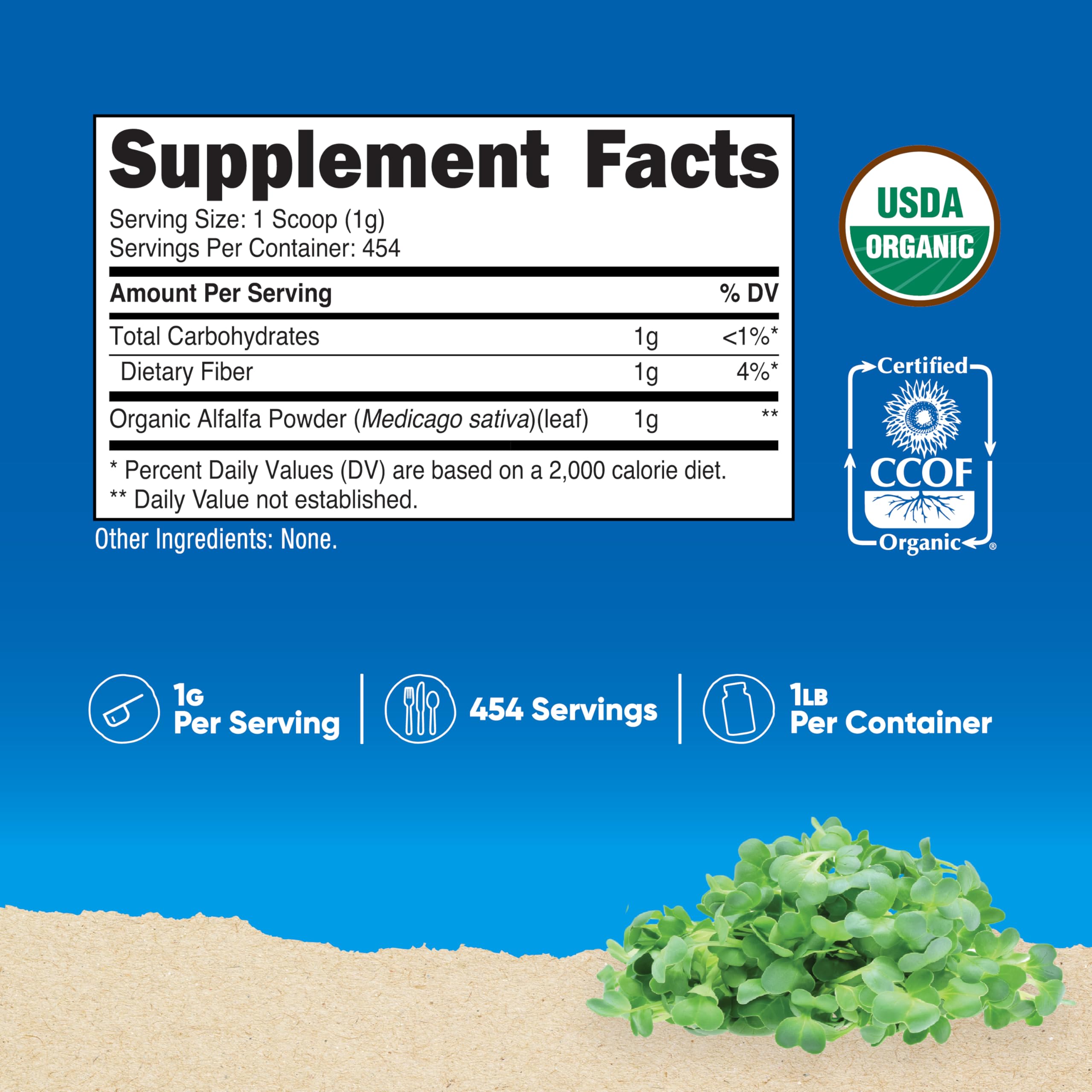 Back view of Nutricost Organic Alfalfa Powder label with USDA Organic seal