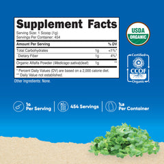 Back view of Nutricost Organic Alfalfa Powder label with USDA Organic seal