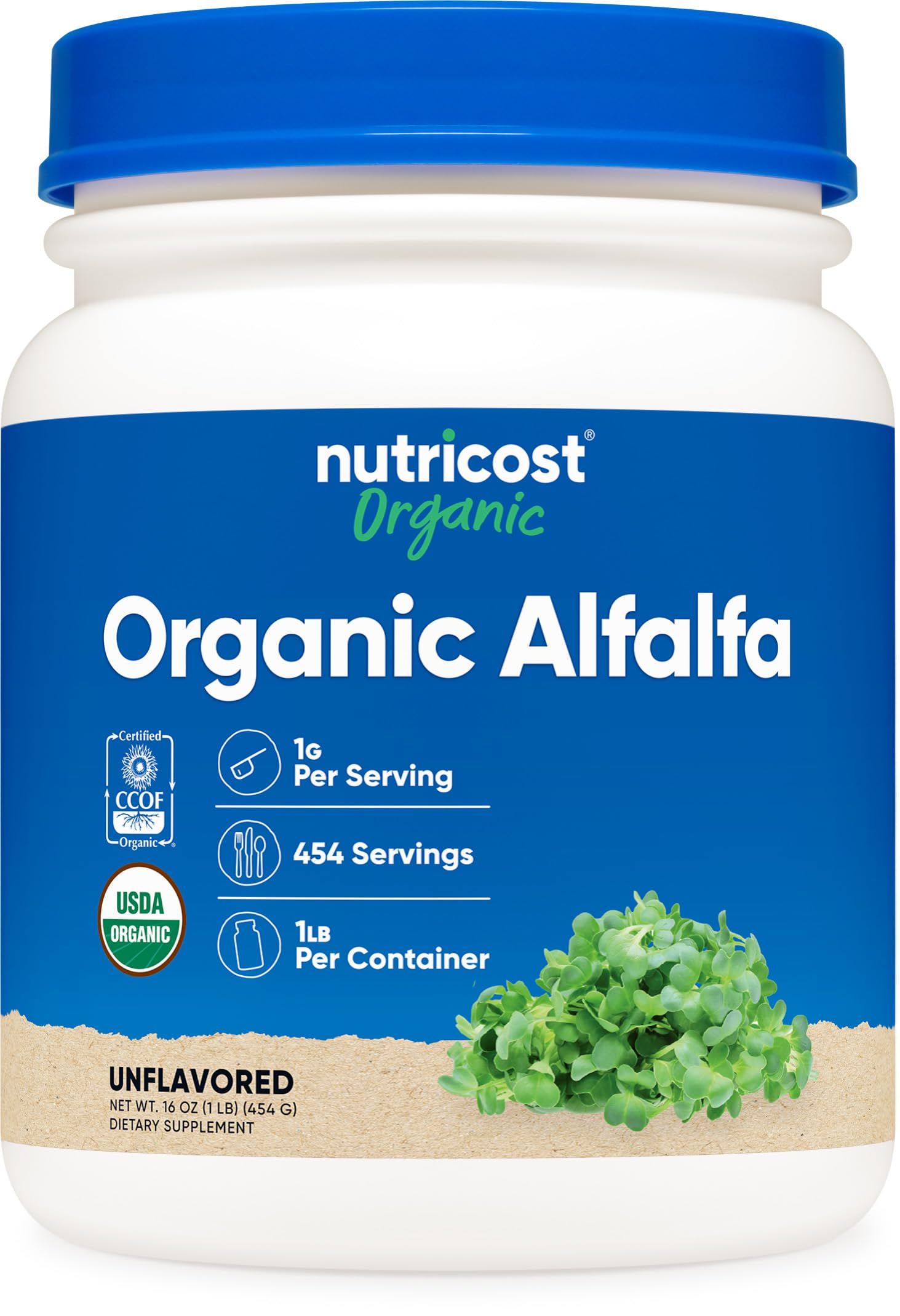Front view of Nutricost Organic Alfalfa Powder 1 lb bottle