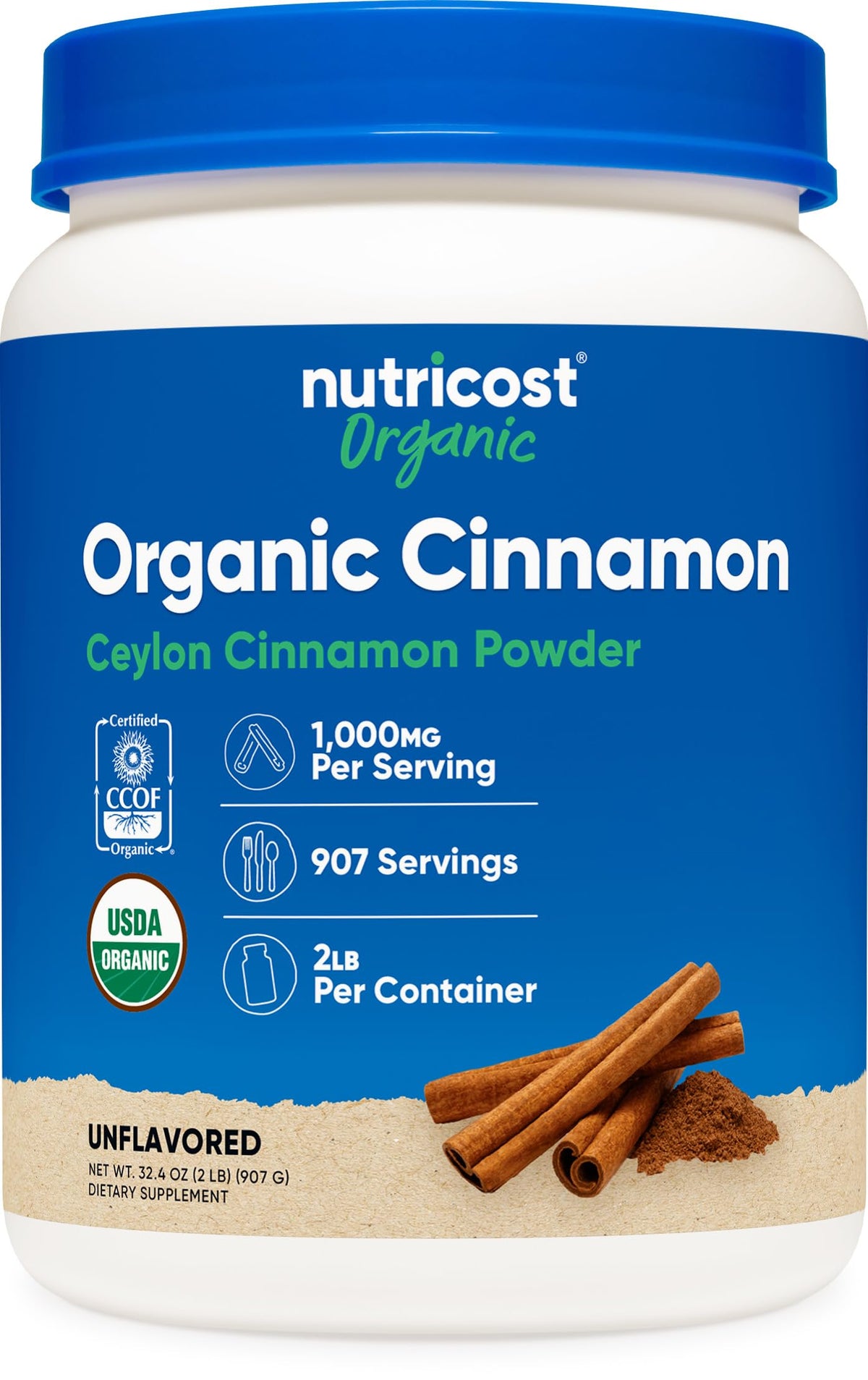 Front view of Nutricost Organic Ceylon Cinnamon Powder 2 lb bottle