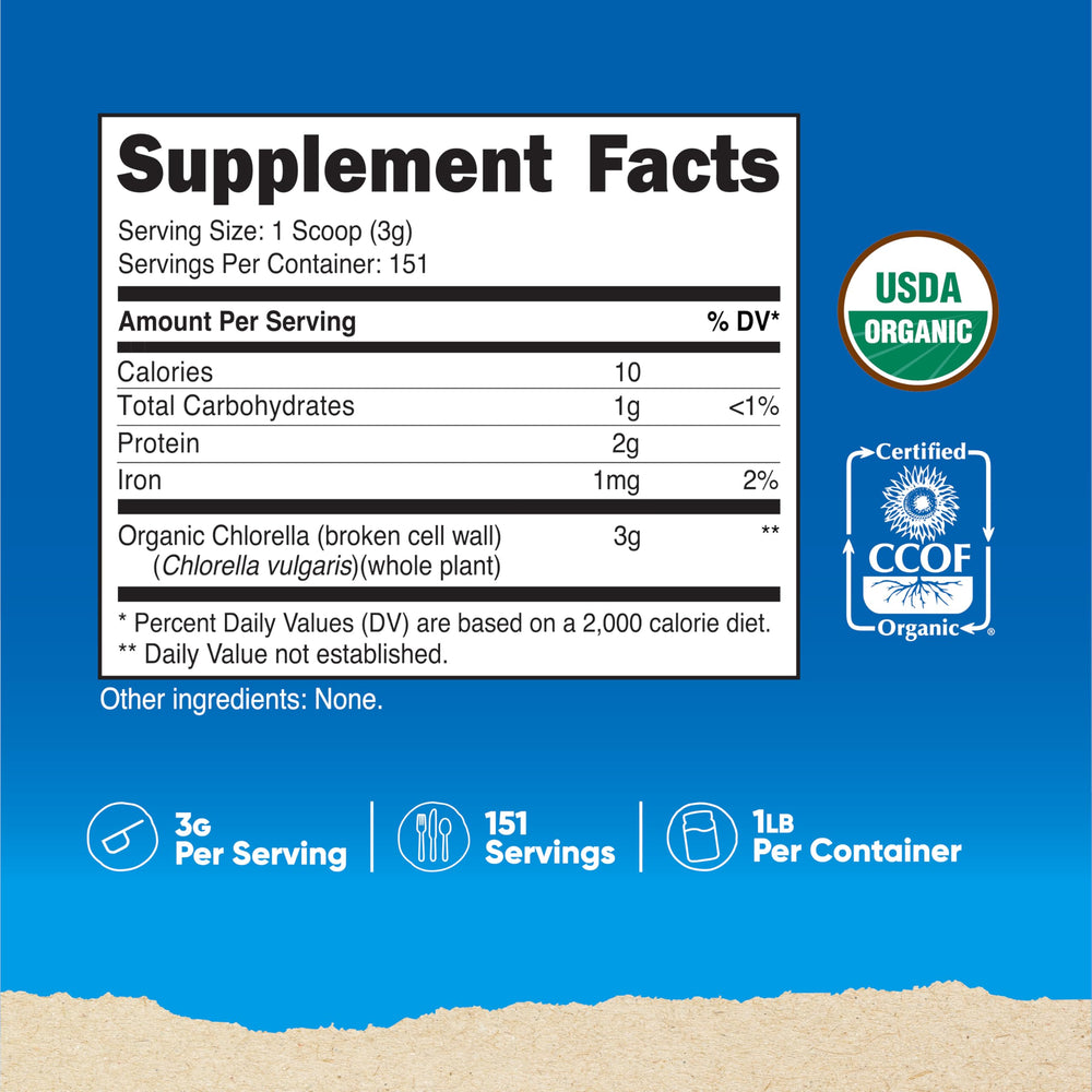 Nutricost Organic Chlorella Powder 16oz back panel with supplement facts