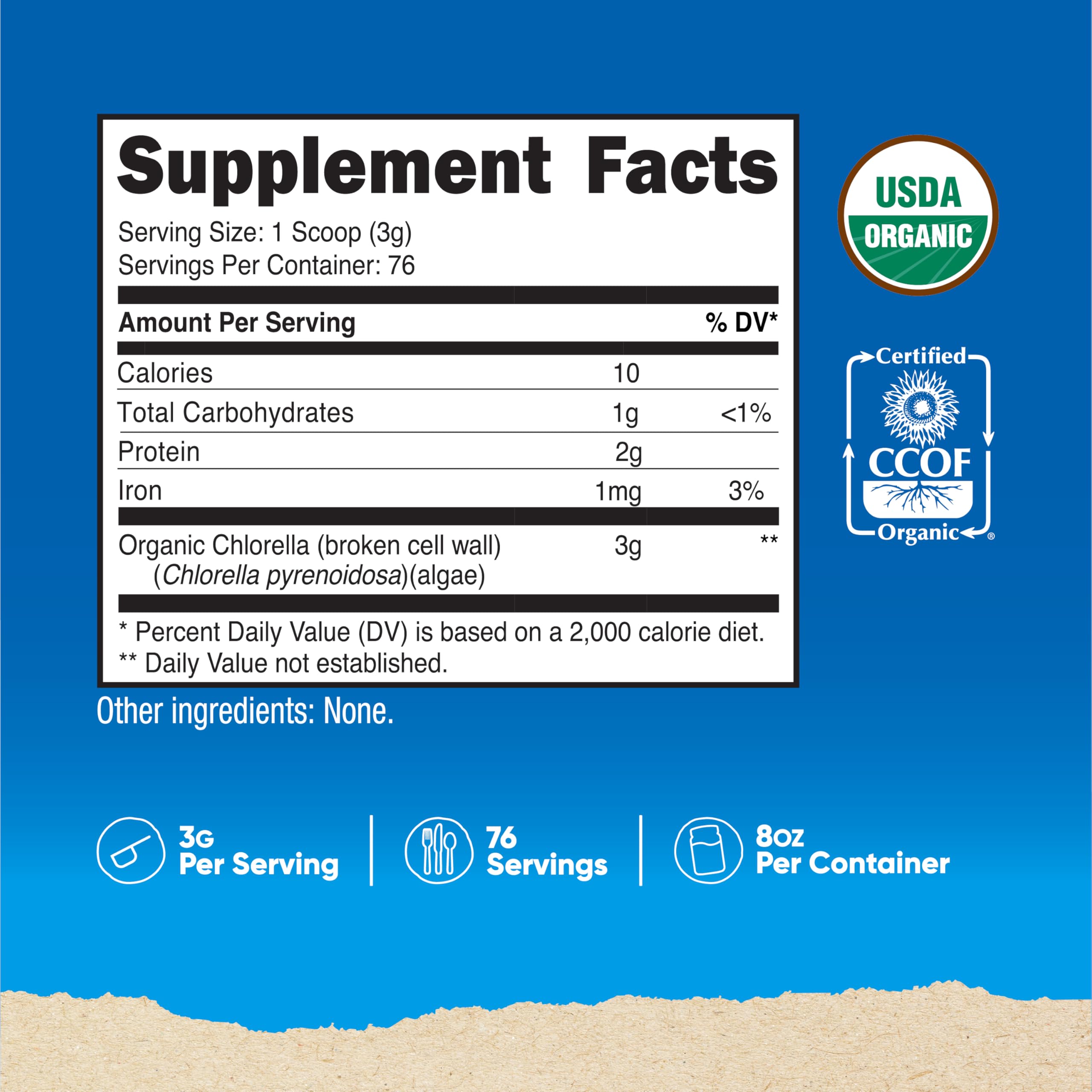 Serving scoop with 3g chlorella powder per serving