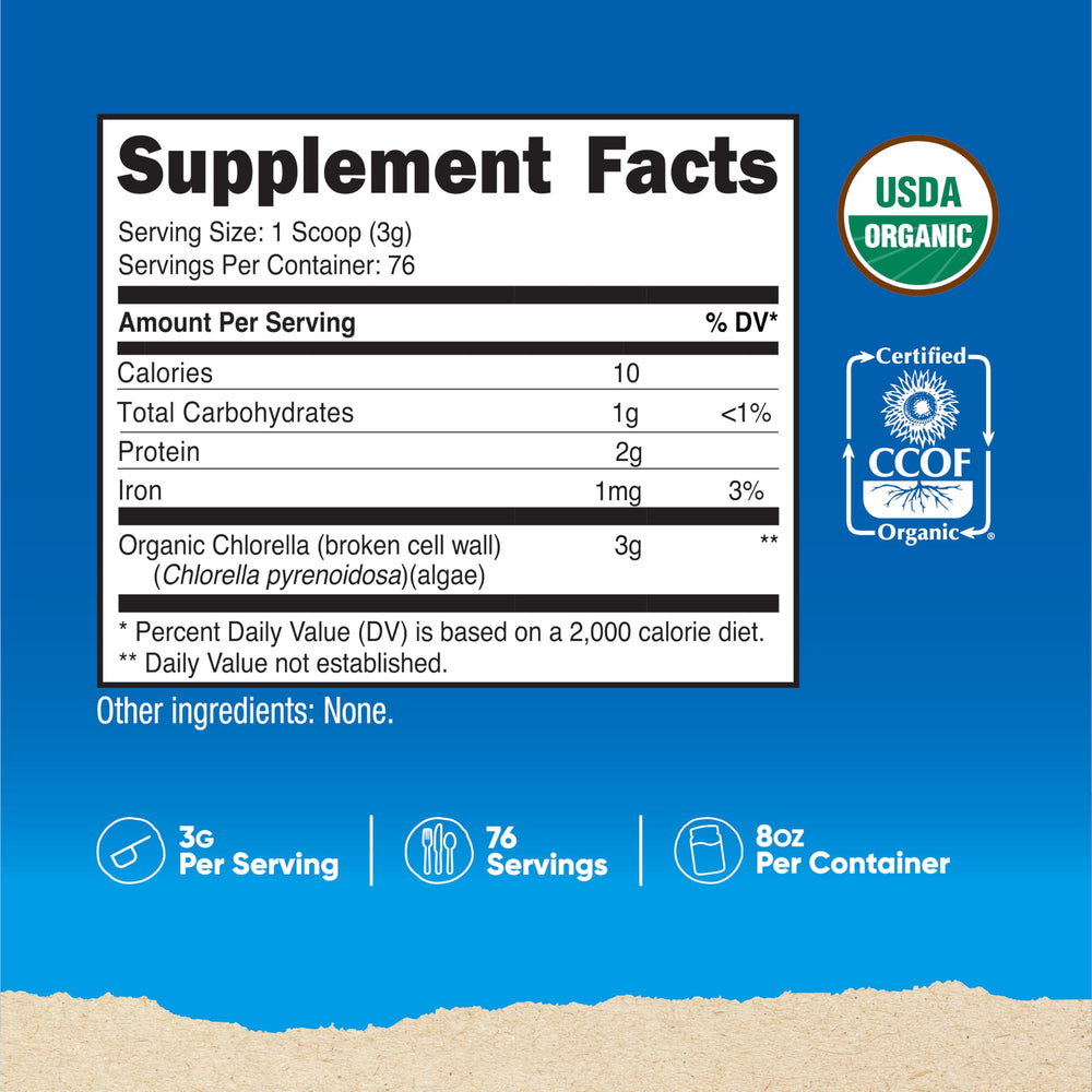 Serving scoop with 3g chlorella powder per serving