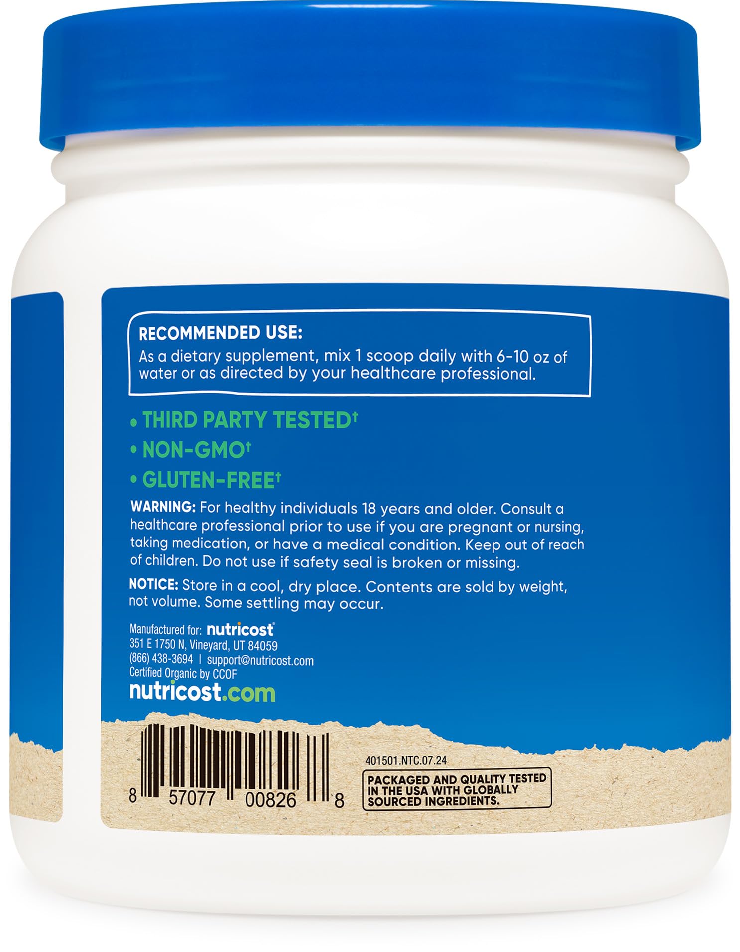 Close-up of Nutricost Chlorella powder nutrition facts
