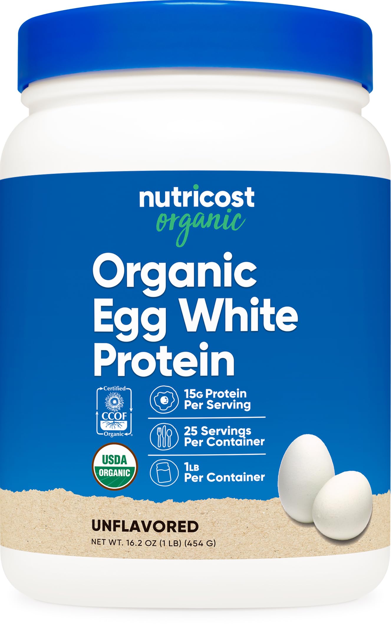 Nutricost Organic Egg White Protein Powder tub label offers a versatile, high-protein base for smoothies and baking.
