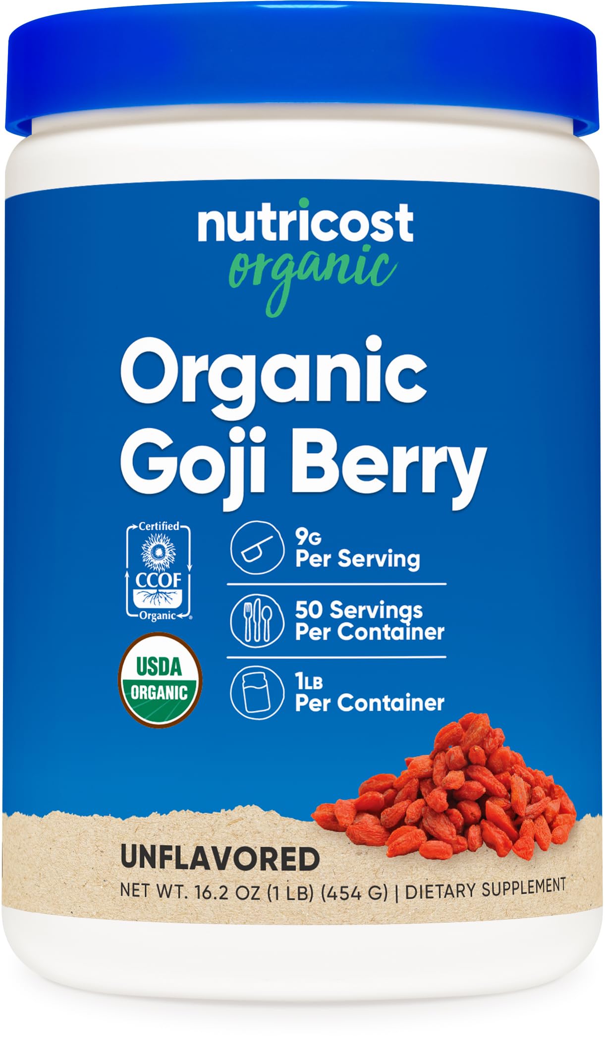 Front view of Nutricost Organic Goji Berry Powder 1 lb