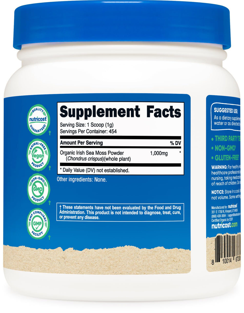 Nutricost Organic Irish Moss Powder label with USDA Organic certification