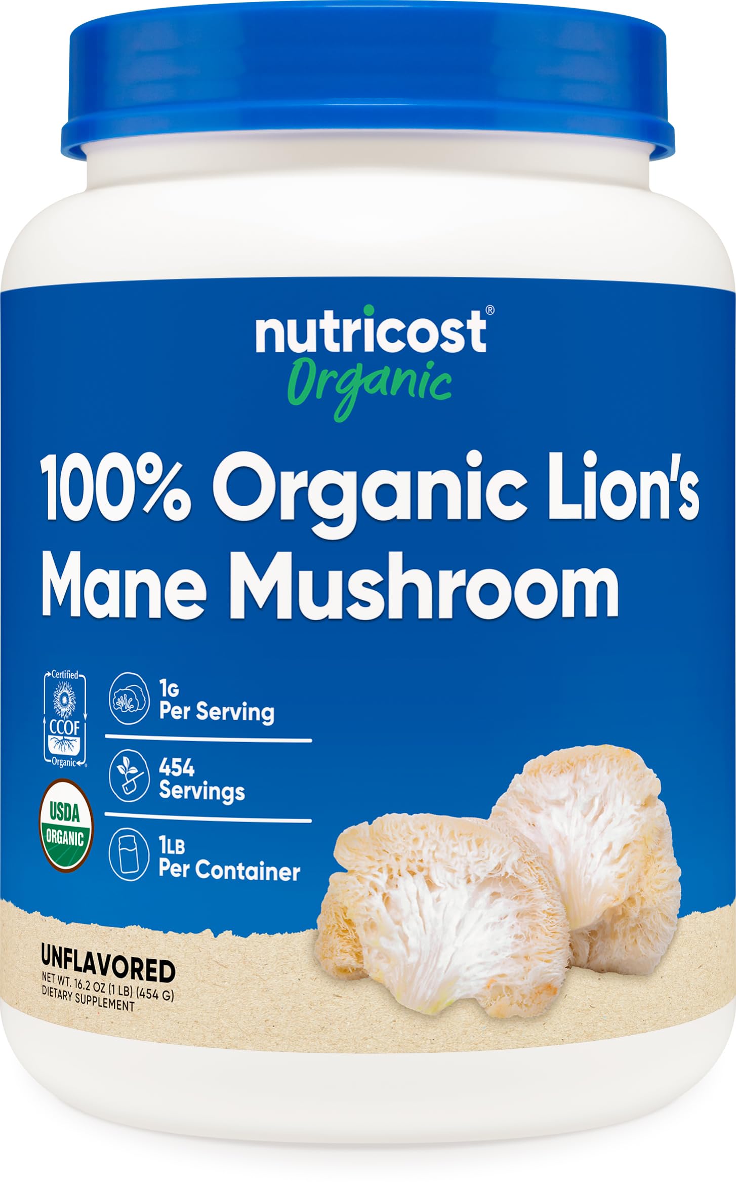 Front view of Nutricost Organic Lion's Mane Mushroom Powder 1 lb bottle