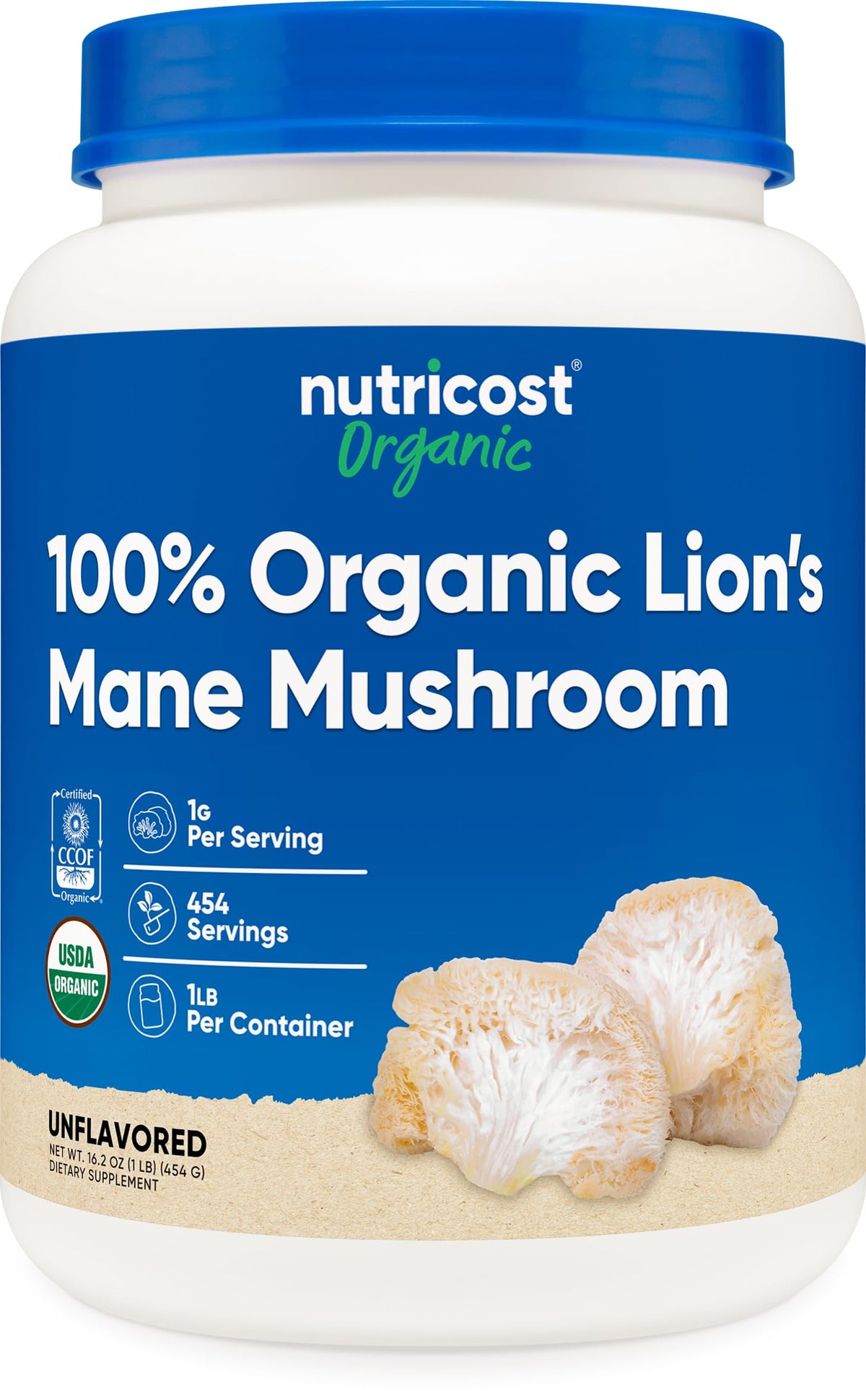 Front view of Nutricost Organic Lion's Mane Mushroom Powder 1 lb bottle
