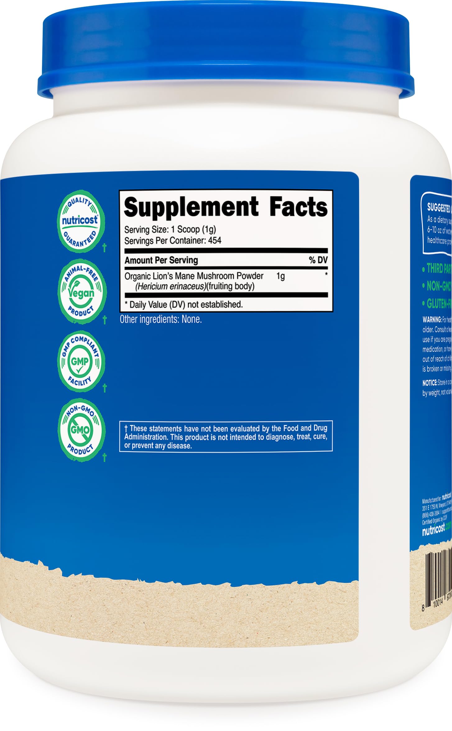 Lion's Mane powder derived from the fruiting body in a bottle