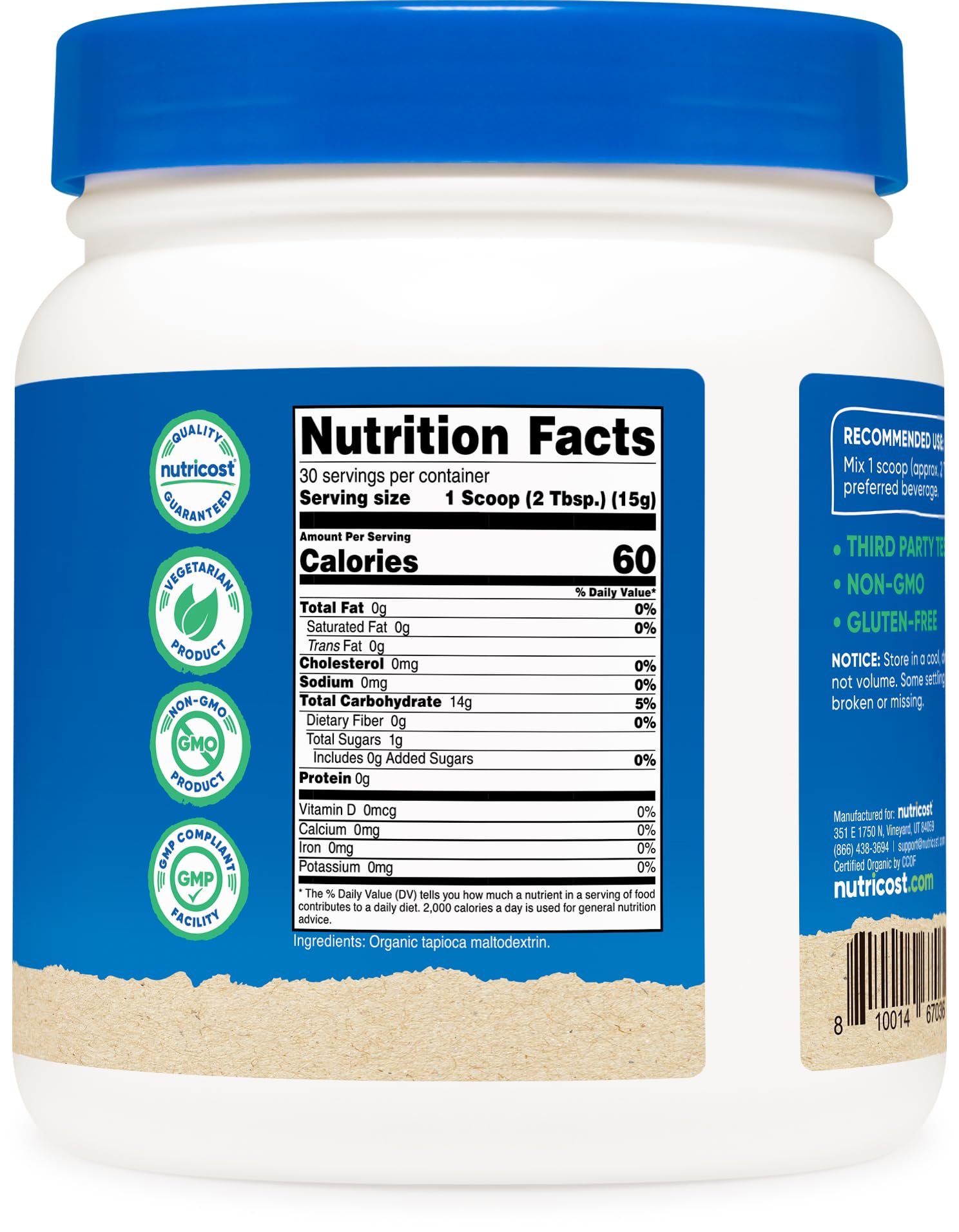 Nutricost Organic Maltodextrin powder dissolving in water for smooth texture and mixability.