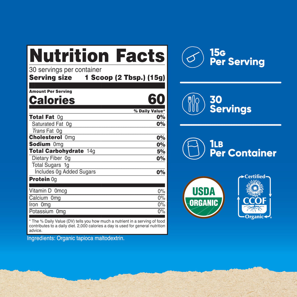 Nutricost Organic Maltodextrin powder jar label showing 1 lb supply and serving details.