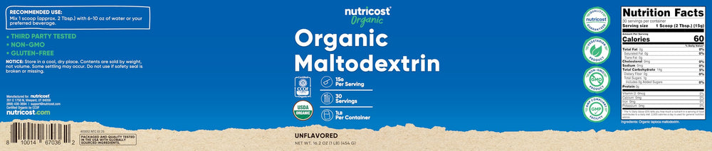 Nutricost Organic Maltodextrin powder packaging on display highlighting gluten free and non-GMO features.