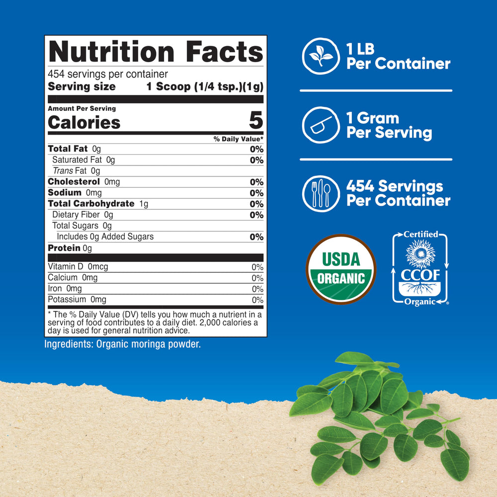 Close-up of Nutricost Organic Moringa Powder label
