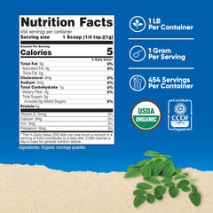 Close-up of Nutricost Organic Moringa Powder label