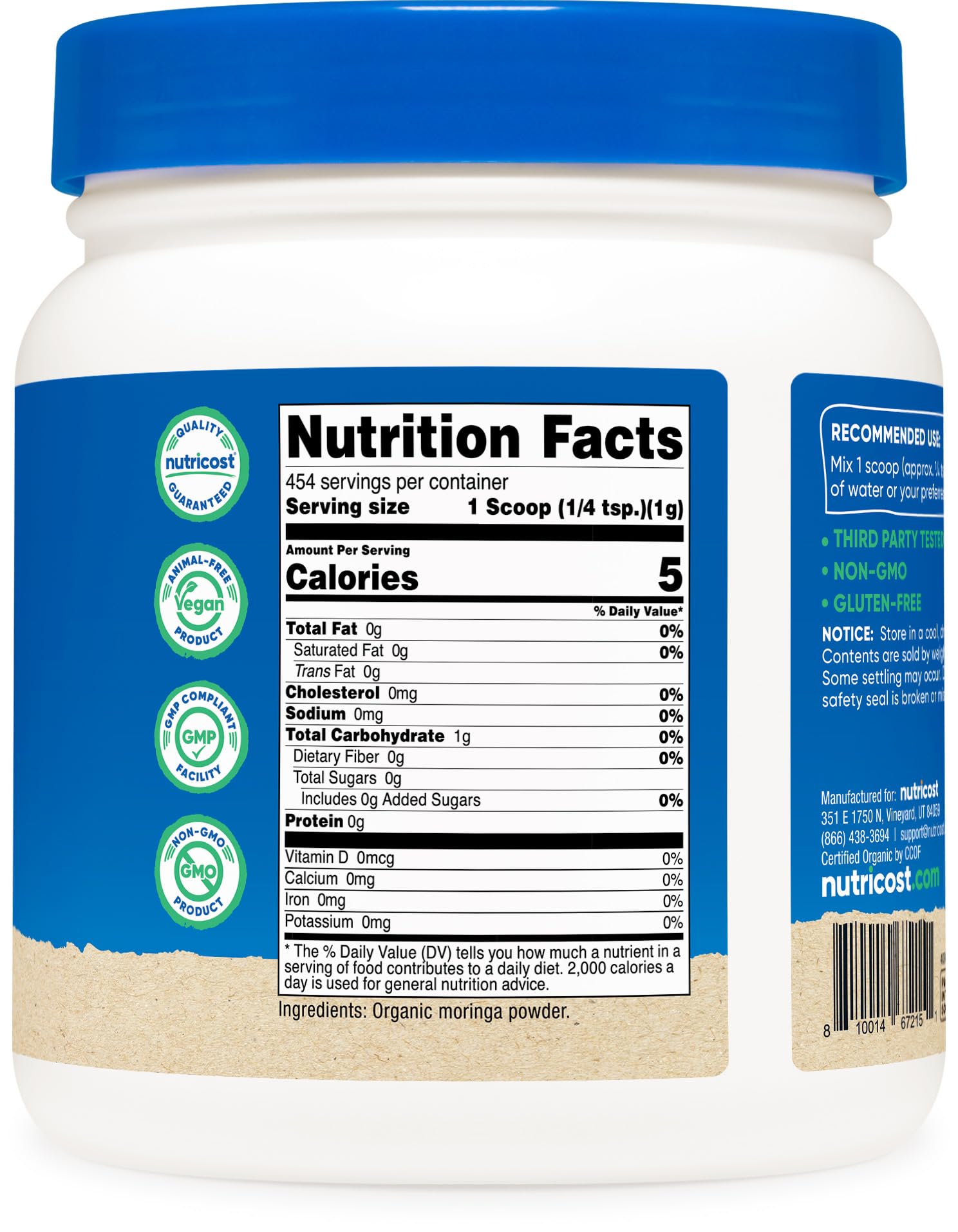 GMP compliant facility and USDA Organic logos on packaging